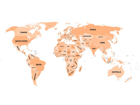 World map with names of sovereign countries and larger dependent territories. Simplified vector map...