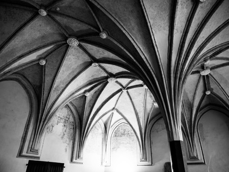 Gothic rib vault ceiling, architectural feature detail. Black and white image.の写真素材