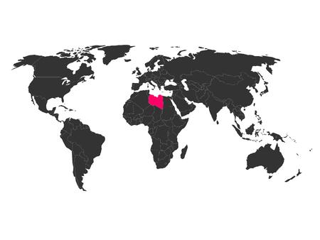 World map with highlighted Libya. Simlified political vector map in dark grey and pink highlight.のイラスト素材