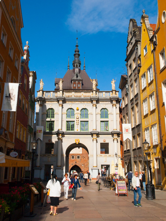 GDANSK, POLAND - CIRCA 2014: Tourists walking along Long Lane at Golden Gate, Gdansk, Poland.のeditorial素材