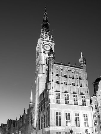 GDANSK, POLAND - CIRCA 2014: Illuminated Town Hall in Old Town of Gdansk, Poland. Night shot of...