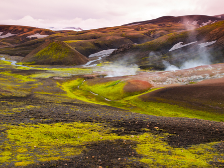 Icelandic landscape and geothermal area of Rainbow Mountains near Landmannalaugar, Icelandの写真素材