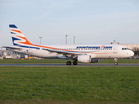 PRAGUE, CZECH REPUBLIC - CIRCA APRIL 2015: SmartWings Boeing 737-800 taxis at Vaclav Havel Airport Prague PRG in april 2015のeditorial素材