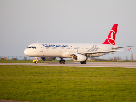 PRAGUE, CZECH REPUBLIC - CIRCA APRIL 2015: Turkish Airlines Airbus A321 taxiing at Vaclav Havel Airport Prague PRG in april 2015のeditorial素材