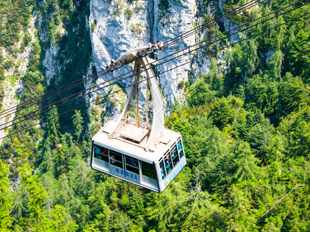 JULIAN ALPS, SLOVENIA - CIRCA AUGUST 2015: Cable car from Lake Bohinj to Vogel top station, Sloveniaのeditorial素材