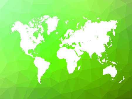 Map of World on low poly background. World map on background made of triangles. White vector illustration on green polygonal shape background.のイラスト素材