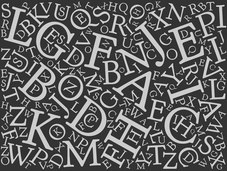 Background mosaic of light latin alphabet letters in various sizes on dark background. Serif font. Vector illustration background.のイラスト素材