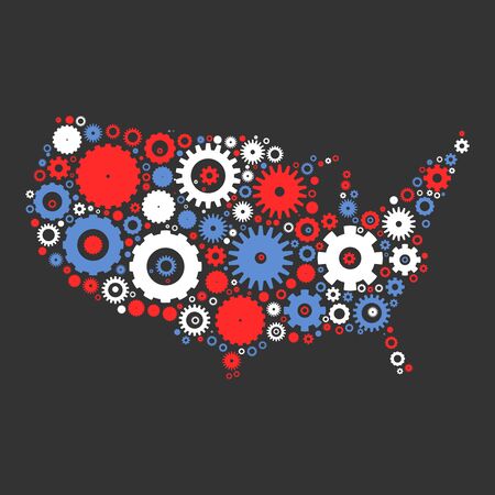 United States od America map silhouette mosaic of cogs and gears. Illustration in national colors on dark grey background.のイラスト素材
