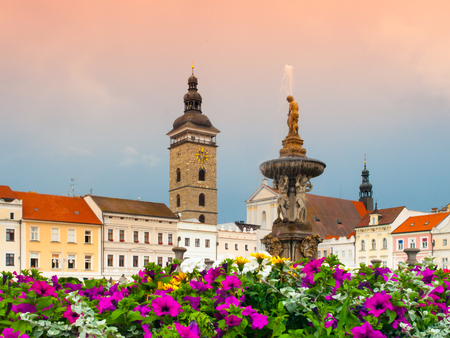 Black Tower and Samson's Fountain in Ceske Budejovice, Southern Bohemia, Czech Republicの写真素材