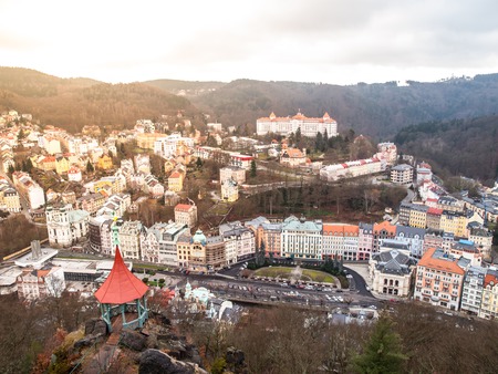Aerial view of Karlovy Vary with spa, residential buildings and hotels in the valley of river Tepla, Czech Republicの写真素材