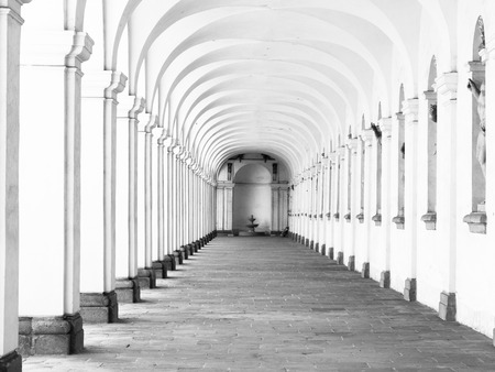 Long archway corridor with wide rib vaults. Colonnade in Kromeriz flower garden, Czech Republic.の写真素材