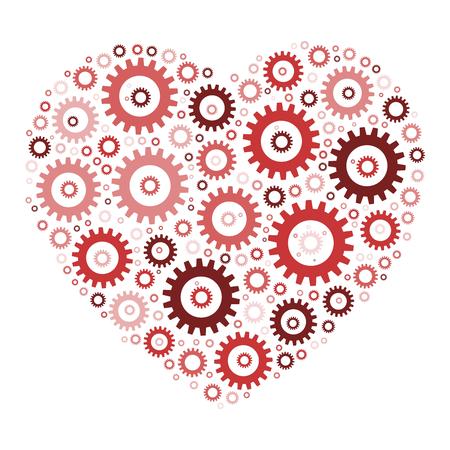 Heart shape mosaic of cog wheels. Looks like clockwork heart or love machine. Illustration in shades of red on white background.のイラスト素材