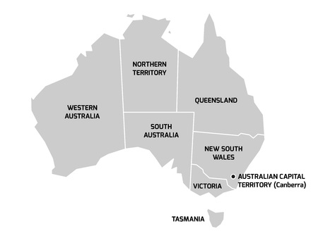 Simplified map of Australia divided into states and territories. Grey flat map with white borders and black labels.のイラスト素材