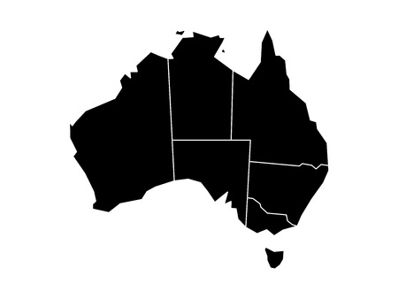 Blind map of Australia divided into states and territories. Black flat silhouette map on white background.のイラスト素材
