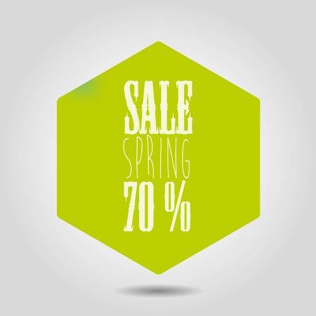 spring sale icon in hexagonal shape. Green gradient mesh hexagon with rounded corners and white text label and numbers on grey background with shadow.のイラスト素材