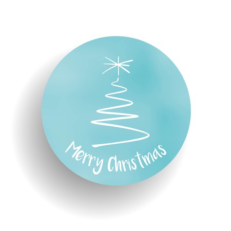 Merry Christmas icon. Sketch christmas tree with star on the top and text in the blue circle with gradient and shadow on white background.のイラスト素材