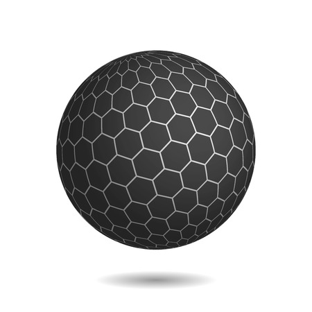 Dark magic sphere with surface of hexagons. Looks like unbreakable and very protected mysterious object. 3D illustration with shadow on white background.のイラスト素材