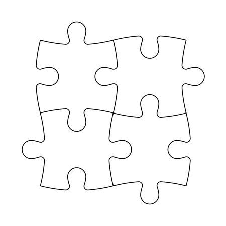 Solved jigsaw puzzle of four pieces. Team cooperation, teamwork or solution business theme. Simple flat illustration with black outline on white background.のイラスト素材
