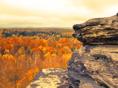 Panoramic view of sandstone rock formation in the middle of colorful autumn forest. Dramatic evening view. Tisa Rocks, aka Tiske Walls, Czech-Saxon Switzerland, Czech Republicの写真素材