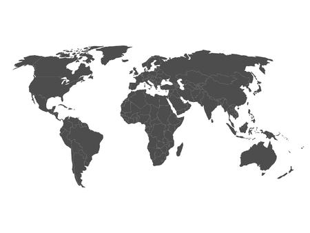 Blank vector world map with sovereign countries and larger dependent territories. Every state is a group of objects in dark grey color with white borders. South Sudan included.のイラスト素材