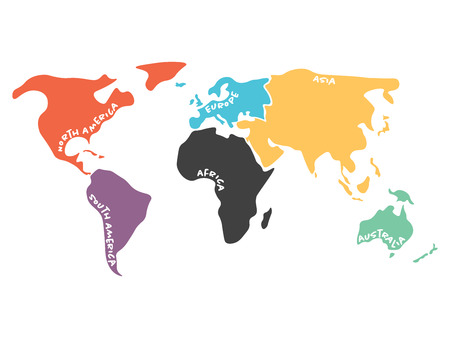 Multicolored world map divided to six continents in different colors - North America, South America, Africa, Europe, Asia and Australia Oceania. Simplified silhouette vector map with continent name labels curved by borders.のイラスト素材