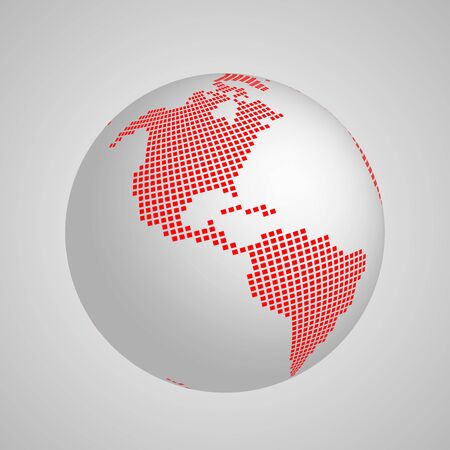 Vector planet Earth globe with red squared map of continent America. 3D illustration with shadow and gradient background.のイラスト素材