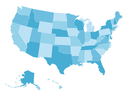 Blank map of United States of America, aka USA, divided into states in four shades of blue. Simple flat vector illustration on white background.のイラスト素材