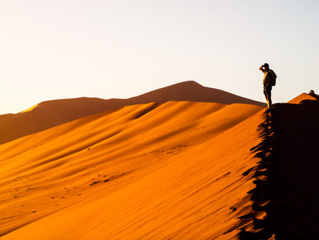 Silhouette of young man standing on the ridge of red dune of Namib Desert near Sossusvlei at sunset...