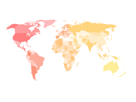 Blank simplified political map of world with different colors of each continent - North America, South America, Europe, Africa, Asia and Australia. Vector illustrationのイラスト素材