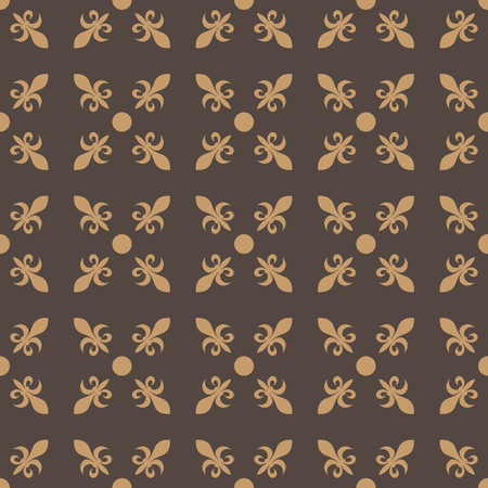 Fleur de lis in diagonal arrangement with dot in the middle. Abstract retro geometrical seamless pattern. Beige vector illustration on brown background.のイラスト素材