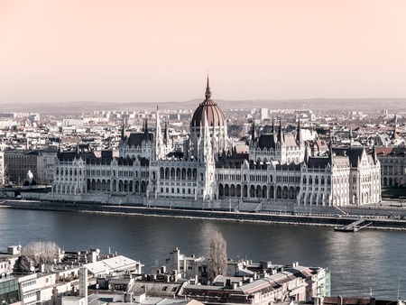 Hungarian Parliament, aka Orszaghaz, historical building on Danube riverbank in the centre of Budapest, Hungary, Europe. UNESCO World Heritage Site.の写真素材