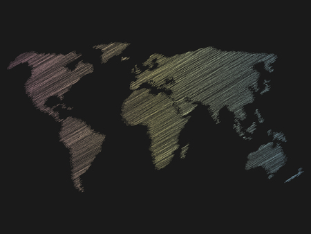 Multicolor chalk scribble sketch map of World on dark school clasroom blackboard. Hand doodle drawing. Vector illustration.のイラスト素材