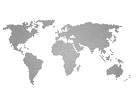 Black halftone world map of small dots in radial arrangement. Simple flat vector illustration on white background.のイラスト素材