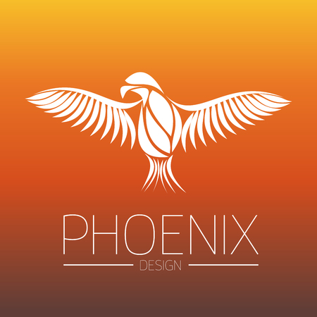 Flaming Phoenix Bird with wide spread wings in white on orange fire colors background. Symbol of reborn and regeneration. EPS10 vector illustration.のイラスト素材
