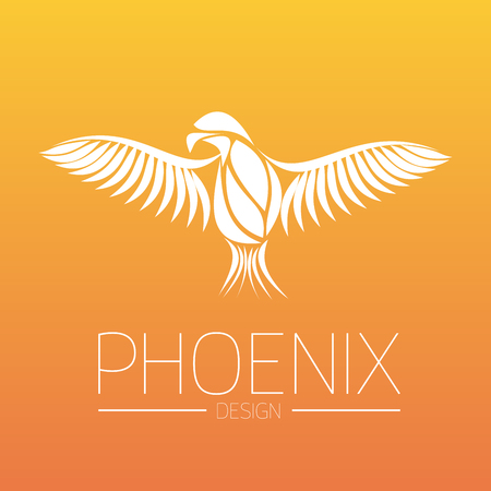 Flaming Phoenix Bird with wide spread wings in white on orange fire colors background. Symbol of reborn and regeneration. EPS10 vector illustration.の写真素材