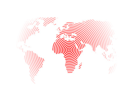 World map of red concentric rings on white background. Earthquake epicentre theme. Modern design vector wallpaper.の写真素材