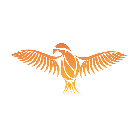Flaming Phoenix Bird with wide spread wings in the orange fire colors on white background. Symbol of reborn and regeneration. EPS10 vector illustration.のイラスト素材
