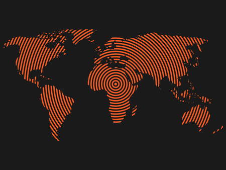 World map of orange concentric rings on dark grey background. Worldwide communication radio waves concept Modern design vector wallpaper.のイラスト素材