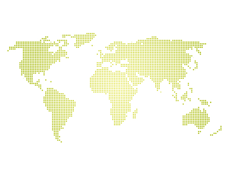 Green halftone world map of small dots in linear arrangement. Simple flat vector illustration on white background.のイラスト素材
