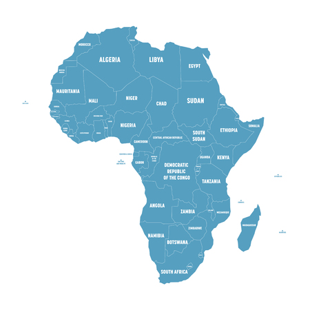Simple flat blue map of Africa continent with national borders and country name labels on white background. Vector illustration.のイラスト素材