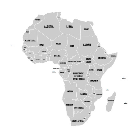 Simple flat grey map of Africa continent with national borders and country name labels on white background. Vector illustration.のイラスト素材