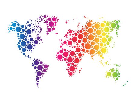 World map wallpaper mosaic of dots in rainbow spectrum colors on white background.の写真素材