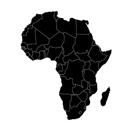 Simple flat black map of Africa continent with national borders isolated on white background. Vector illustration.のイラスト素材