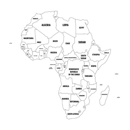 Political map of Arfica continent. Simple black wireframe outline with national borders, and country name labels on white background. Vector illustration.のイラスト素材