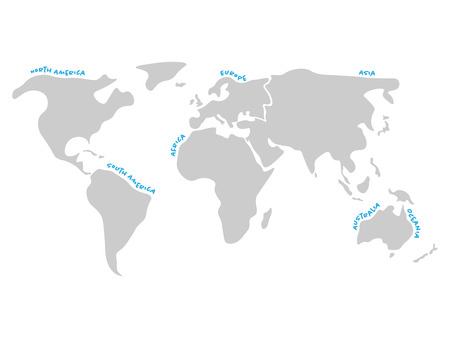 World map divided to six continents in dark grey - North America, South America, Africa, Europe, Asia and Australia Oceania. Simplified silhouette vector map with continent name labels curved by borders.のイラスト素材