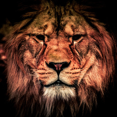 Adult lion in the dark. Portrait of big dangerous african animal. Low key effect.