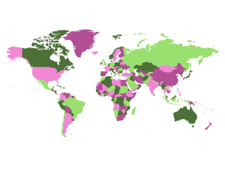 Political map of world. Countries in four different violet and green colors without borders on white background. Blank high detail vector map.の写真素材