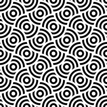 Seamless pattern background ornament of striped concentric circles. Retro mosaic of arches in black and white. Vector design element.のイラスト素材