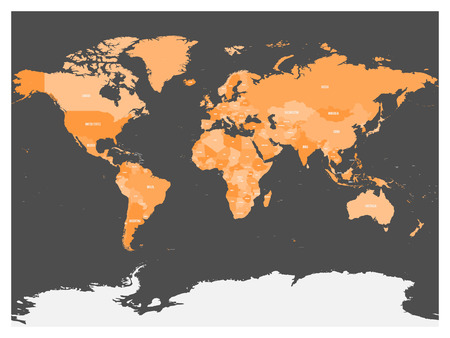 Political map of world with Antarctica. Countries in four shades of orange without borders on dark grey background.のイラスト素材