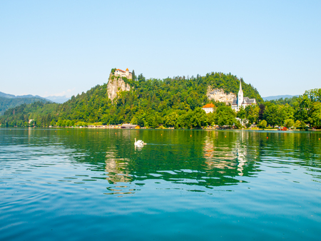 Bled Castle above Bled Lake on sunny summer day, Slovenia, Europe.の写真素材